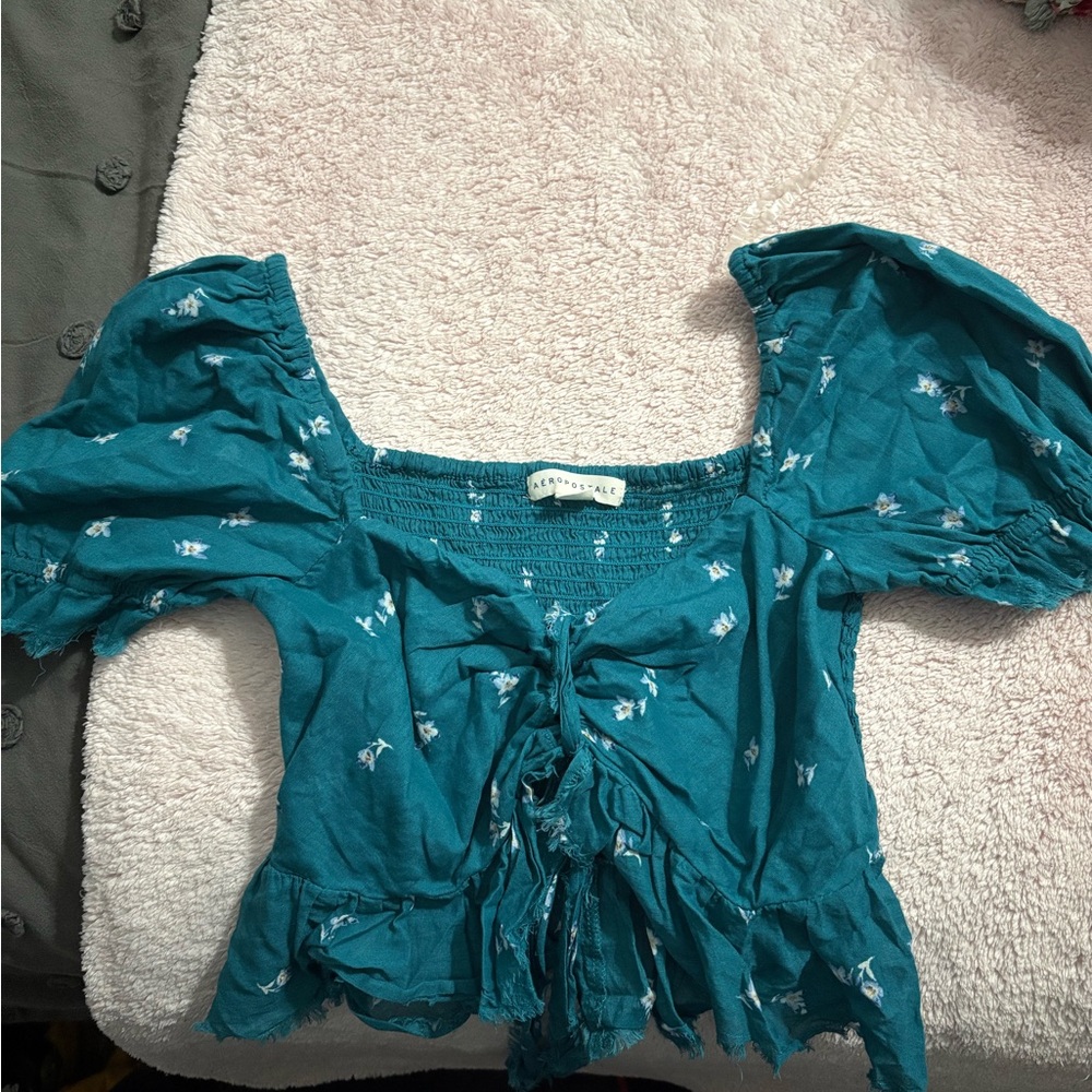 Aeropostale Blue Puff Sleeve Tie Front Crop Top